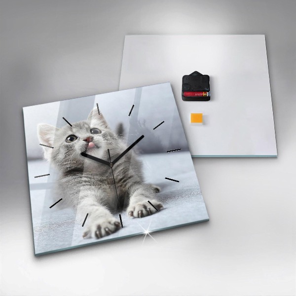 Skleněné hodiny čtvercové Kočka na pohovce