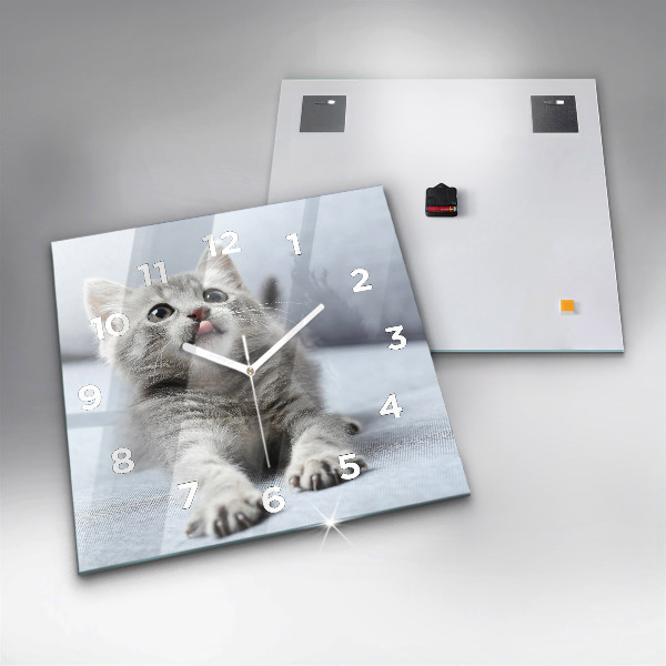 Skleněné hodiny čtvercové Kočka na pohovce
