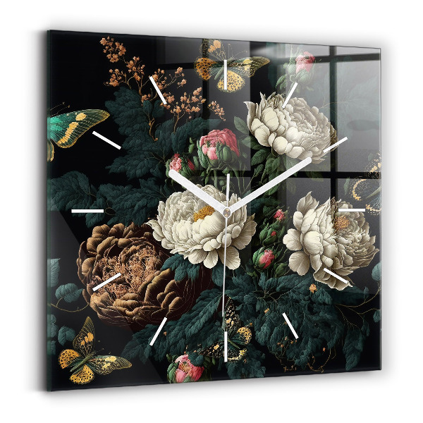 Čtvercové nástěnné hodiny Květina a zlatí motýli