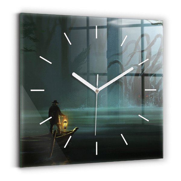 Čtvercové nástěnné hodiny Člověk a příšera v bažině