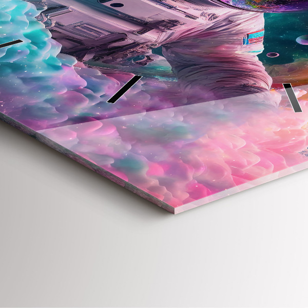 Čtvercové nástěnné hodiny Kosmonaut a barevné mraky