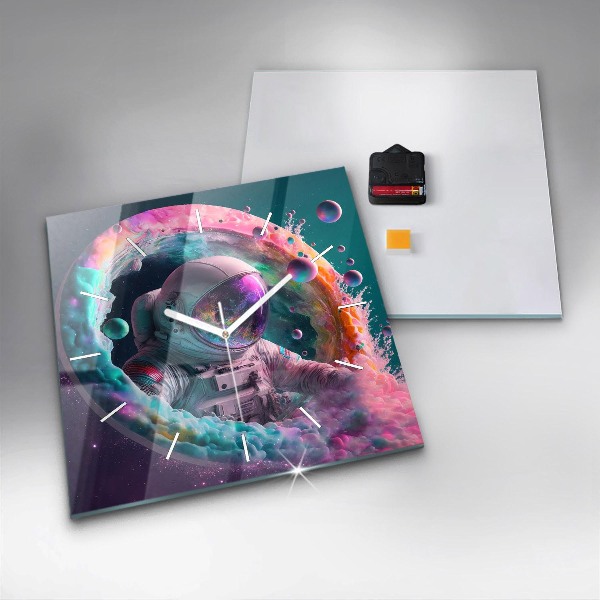 Čtvercové nástěnné hodiny Kosmonaut a barevné mraky