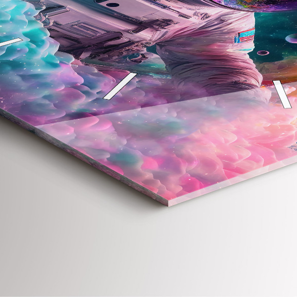 Čtvercové nástěnné hodiny Kosmonaut a barevné mraky