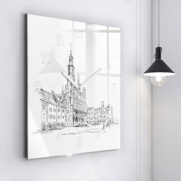 Čtvercové nástěnné hodiny Skica starého města Poznaně