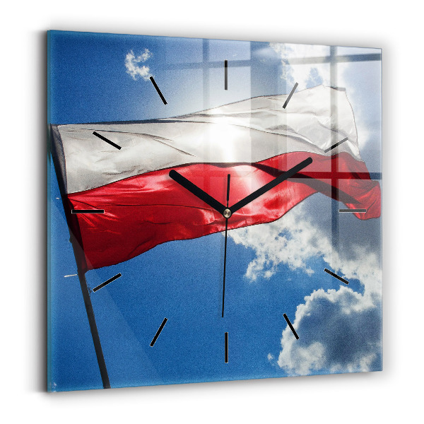Čtvercové nástěnné hodiny Polská vlajka na pozadí oblohy