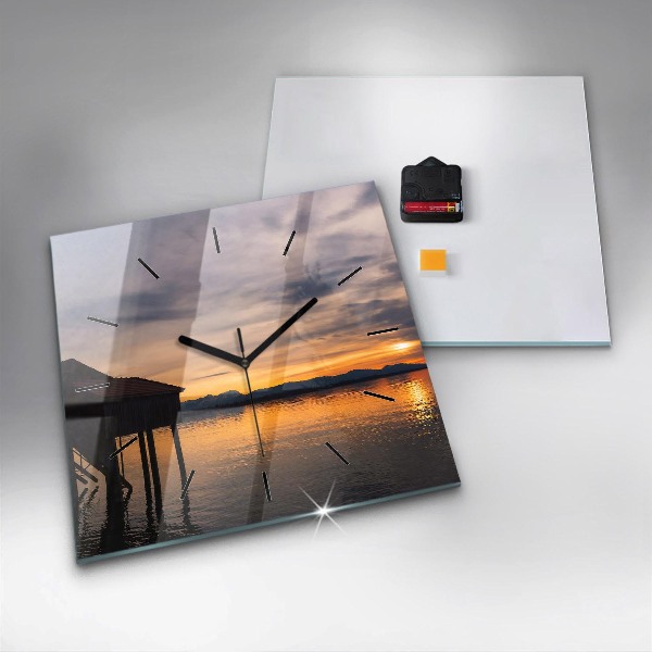 Čtvercové nástěnné hodiny Západ slunce nad jezerem