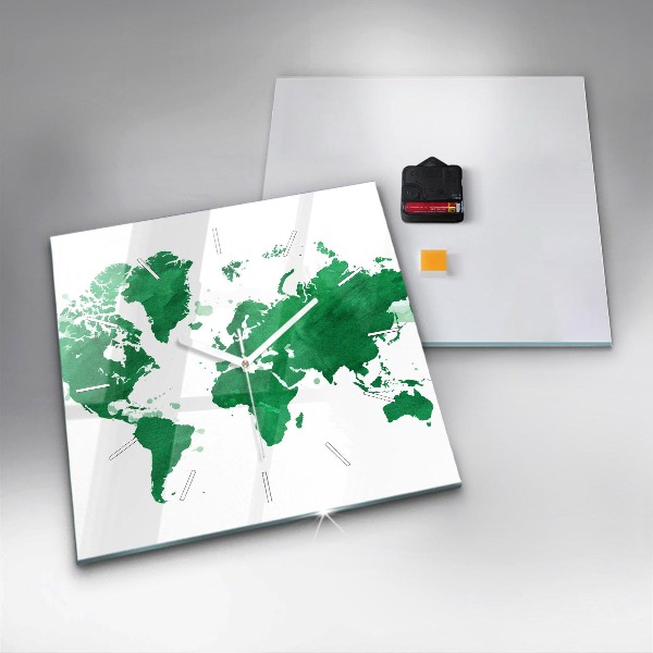 Skleněné hodiny čtvercové Zelená mapa světa