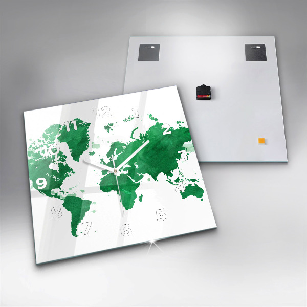 Skleněné hodiny čtvercové Zelená mapa světa