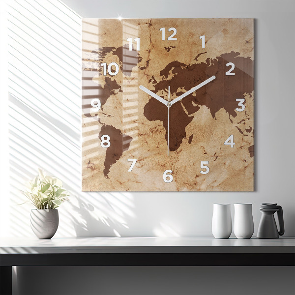 Skleněné hodiny čtvercové Vintage mapa světa