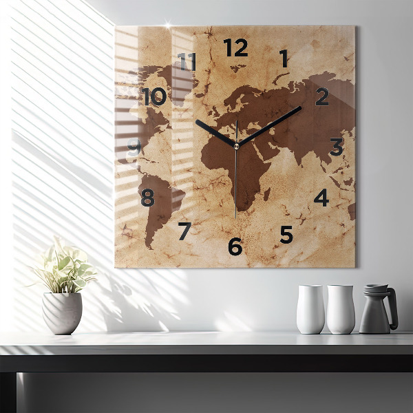 Skleněné hodiny čtvercové Vintage mapa světa