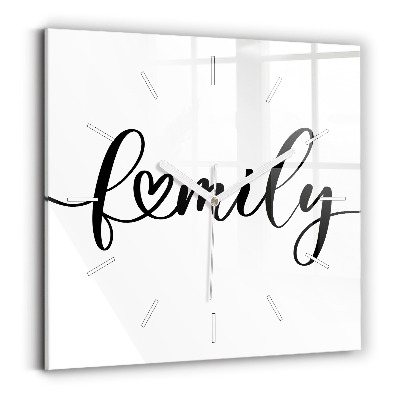 Čtvercové nástěnné hodiny Rodinný nápis a srdce