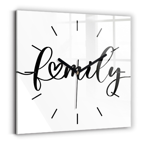 Čtvercové nástěnné hodiny Rodinný nápis a srdce