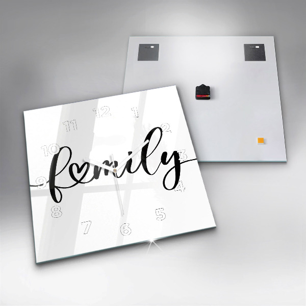 Čtvercové nástěnné hodiny Rodinný nápis a srdce