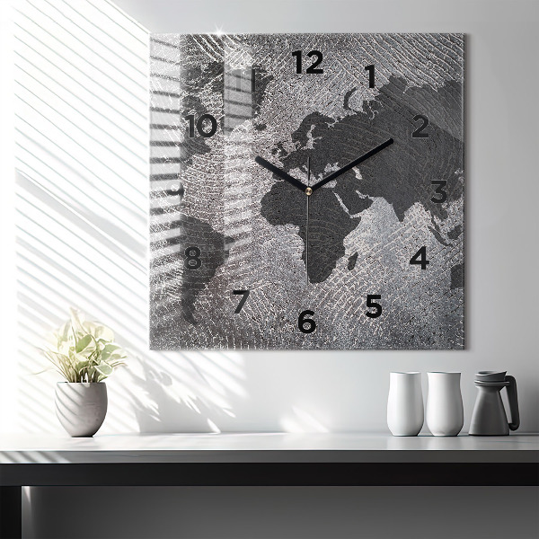 Skleněné hodiny čtvercové Betonová mapa světa