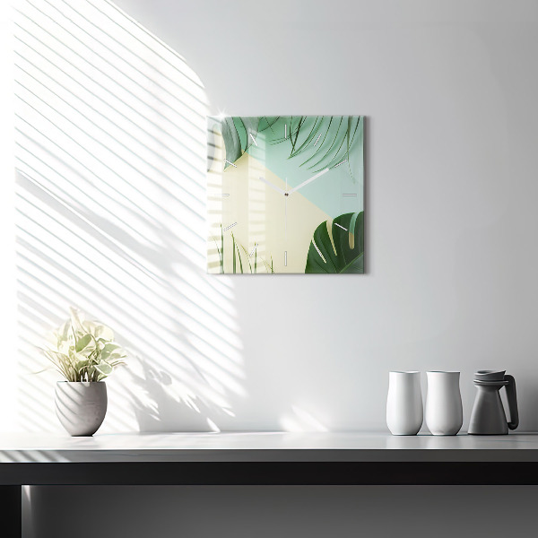 Skleněné hodiny čtvercové Listy monstery