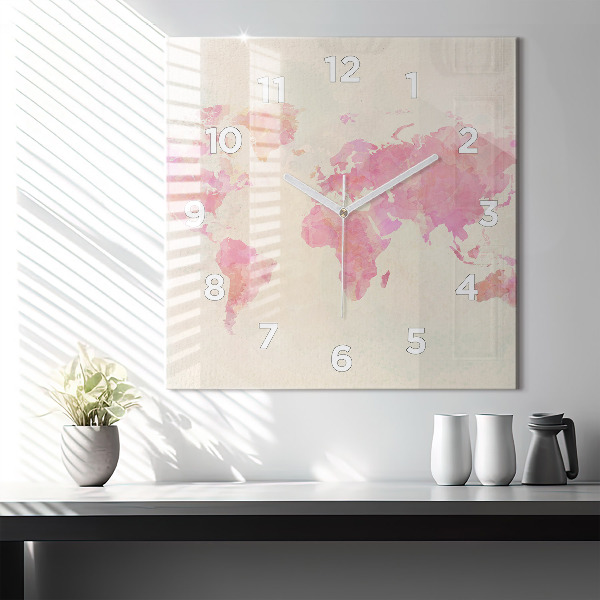 Skleněné hodiny čtvercové Akvarelová mapa světa
