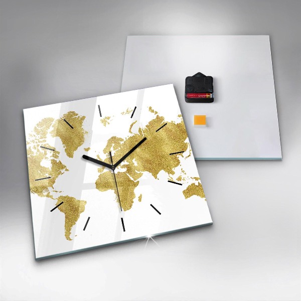 Skleněné hodiny čtvercové Zlatá mapa světa