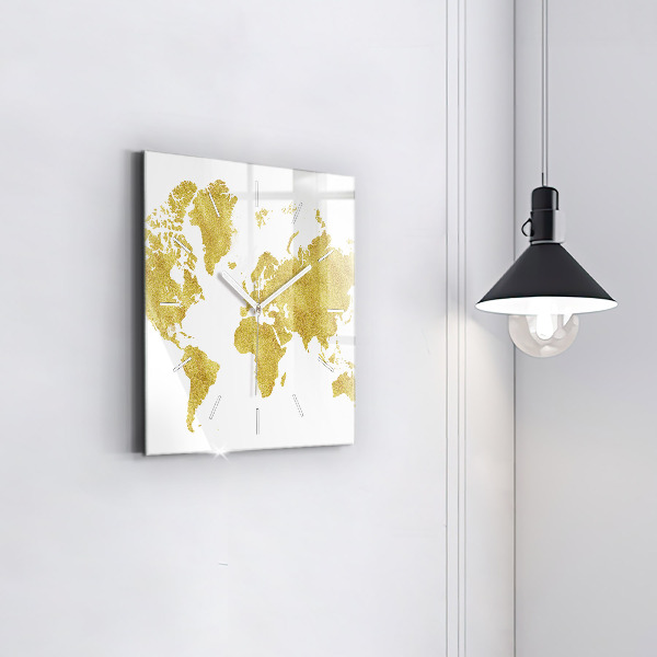 Skleněné hodiny čtvercové Zlatá mapa světa