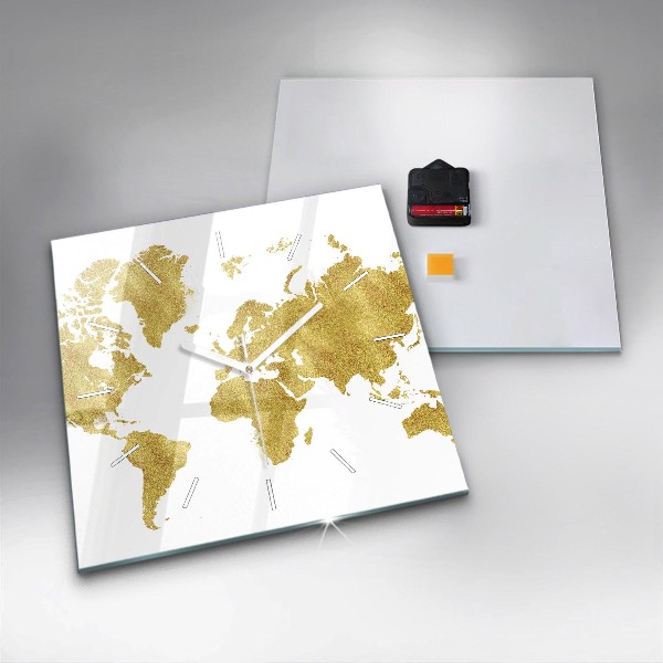 Skleněné hodiny čtvercové Zlatá mapa světa