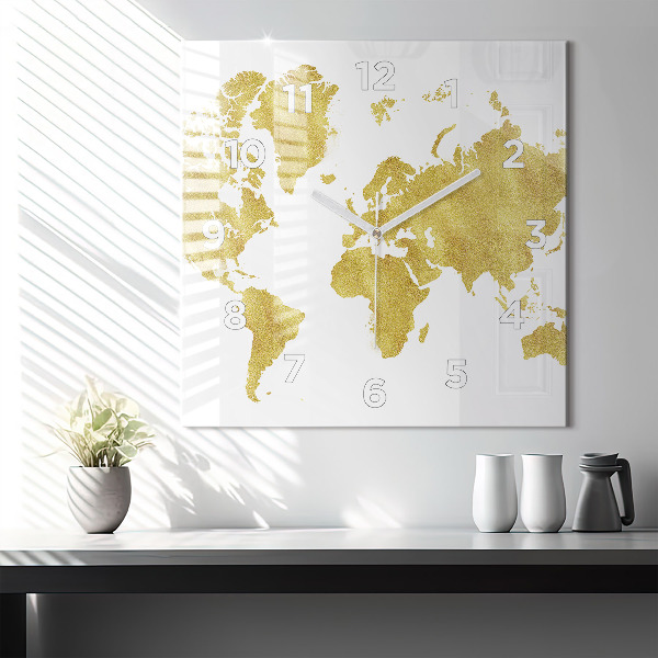 Skleněné hodiny čtvercové Zlatá mapa světa