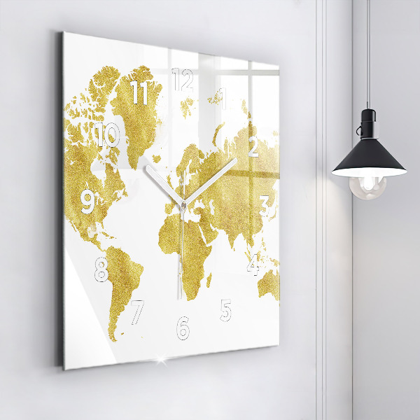 Skleněné hodiny čtvercové Zlatá mapa světa