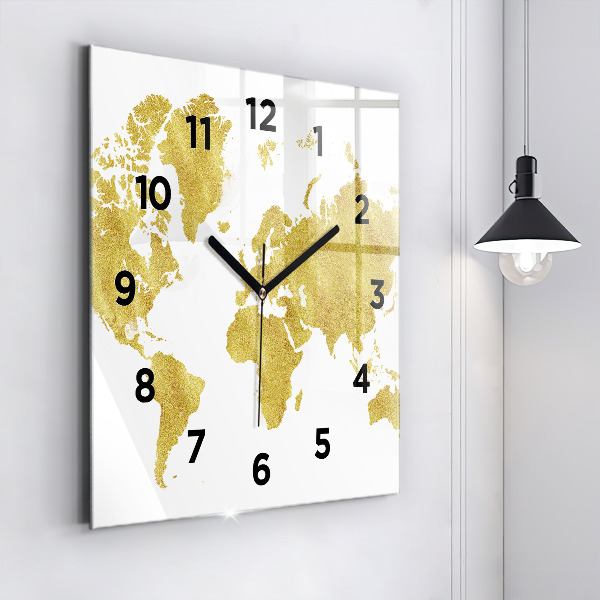 Skleněné hodiny čtvercové Zlatá mapa světa
