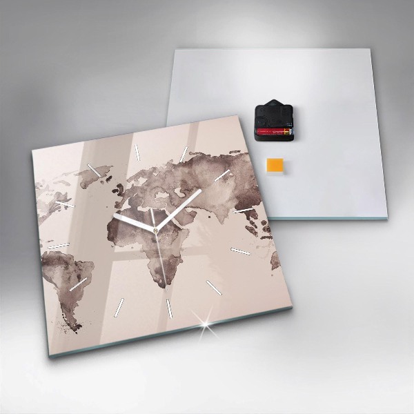 Skleněné hodiny čtvercové Akvarelová mapa světa