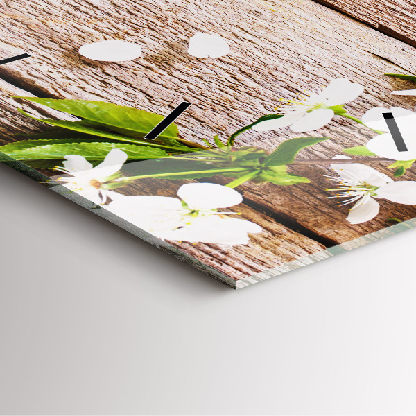 Skleněné hodiny čtvercové Květiny na dřevě