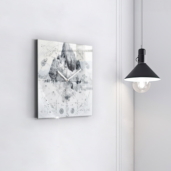 Čtvercové nástěnné hodiny Kresba hor