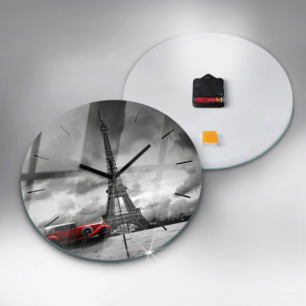 Kulaté skleněné hodiny s fotkou Effelova věž v Paříži