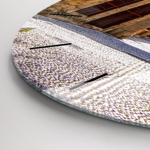 Kulaté skleněné hodiny s fotkou Malebná ulice na Rhodosu