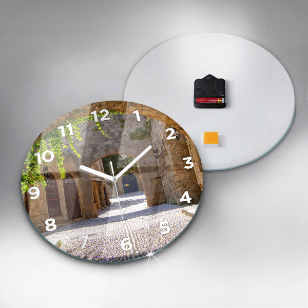 Kulaté skleněné hodiny s fotkou Malebná ulice na Rhodosu