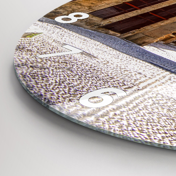 Kulaté skleněné hodiny s fotkou Malebná ulice na Rhodosu