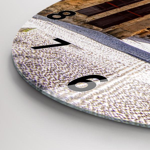 Kulaté skleněné hodiny s fotkou Malebná ulice na Rhodosu