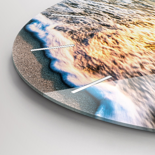 Kulaté skleněné hodiny s fotkou Pláž, moře a písek