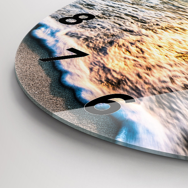 Kulaté skleněné hodiny s fotkou Pláž, moře a písek