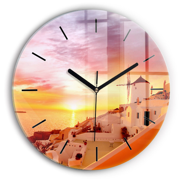 Kulaté skleněné hodiny s fotkou Starý větrný mlýn na Santorini