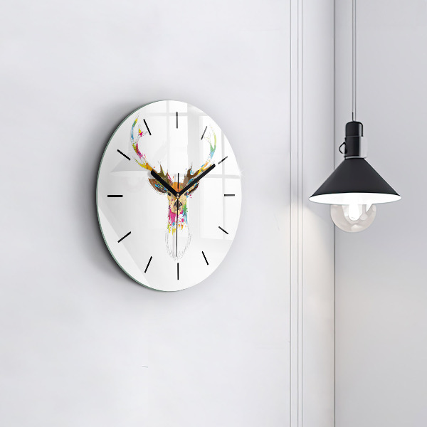 Kulaté skleněné hodiny s fotkou Barevná hlava jelena