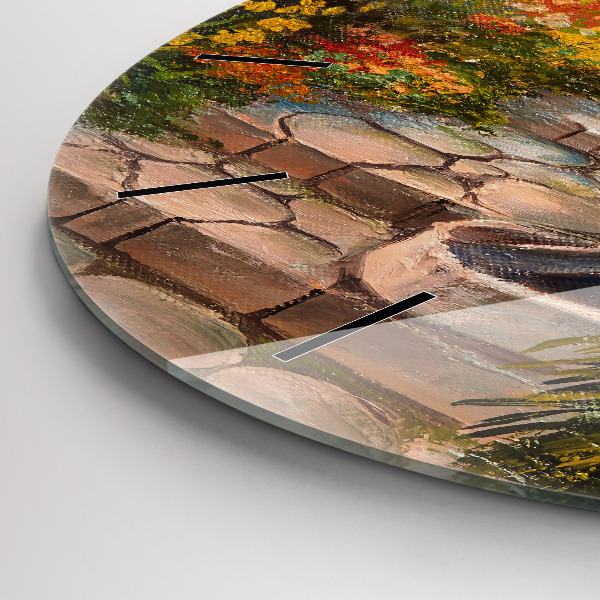 Kulaté skleněné hodiny s fotkou Olejová kompozice v lese