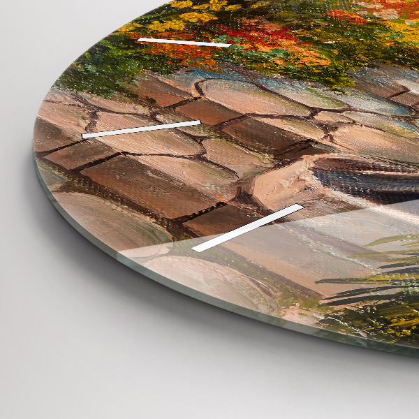 Kulaté skleněné hodiny s fotkou Olejová kompozice v lese