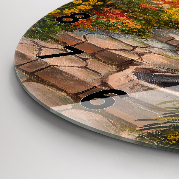 Kulaté skleněné hodiny s fotkou Olejová kompozice v lese