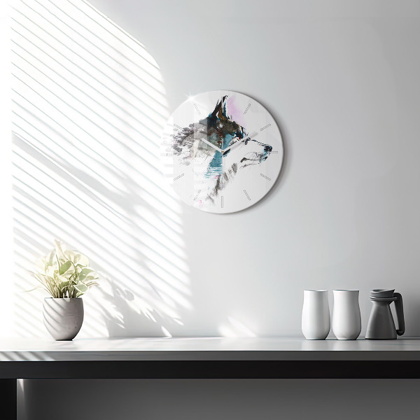 Kulaté skleněné hodiny s fotkou Profil malovaného vlka