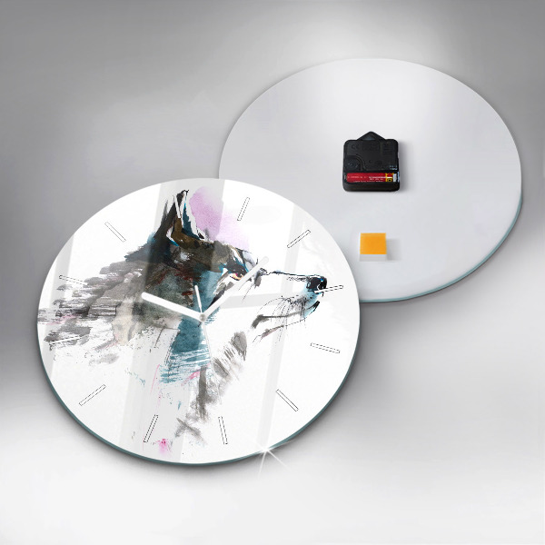 Kulaté skleněné hodiny s fotkou Profil malovaného vlka