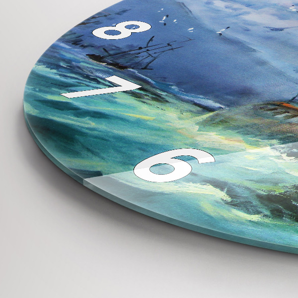 Kulaté skleněné hodiny s fotkou Loď na vodě