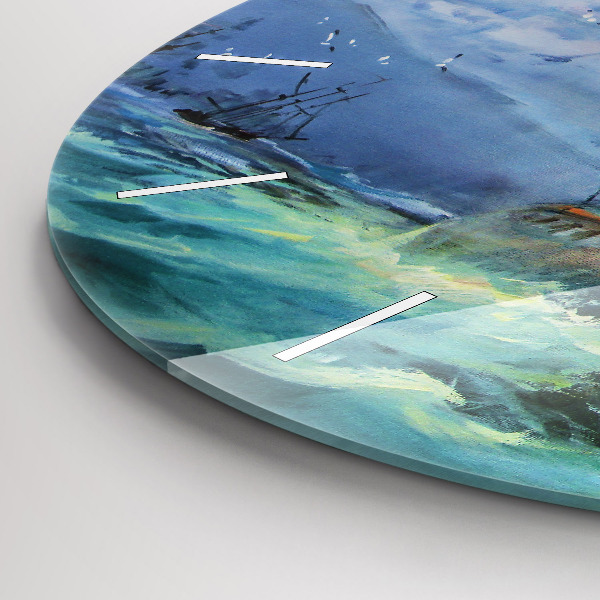 Kulaté skleněné hodiny s fotkou Loď na vodě