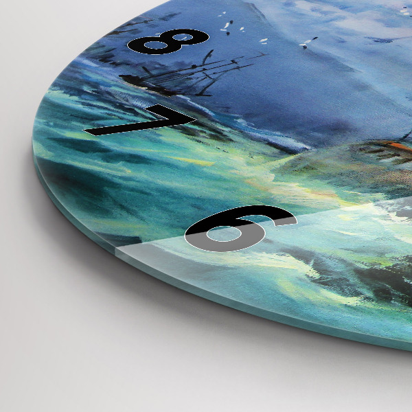 Kulaté skleněné hodiny s fotkou Loď na vodě