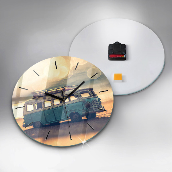 Kulaté skleněné hodiny s fotkou Táborník na pláži