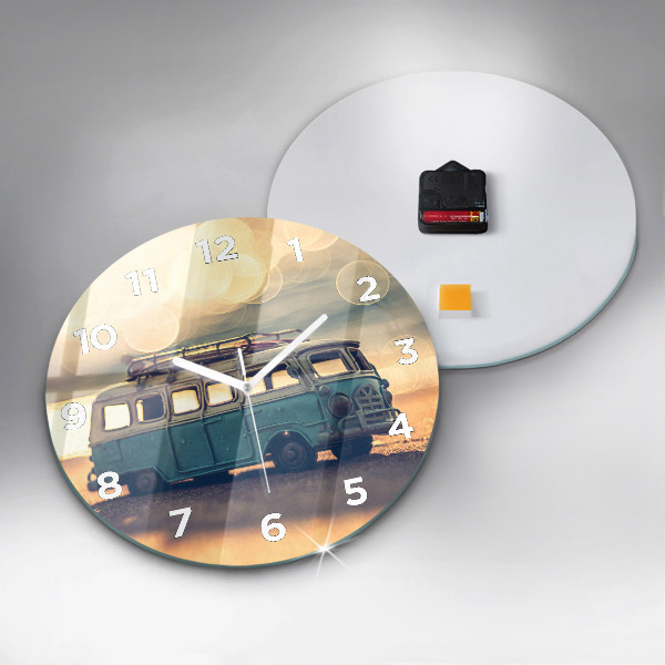 Kulaté skleněné hodiny s fotkou Táborník na pláži