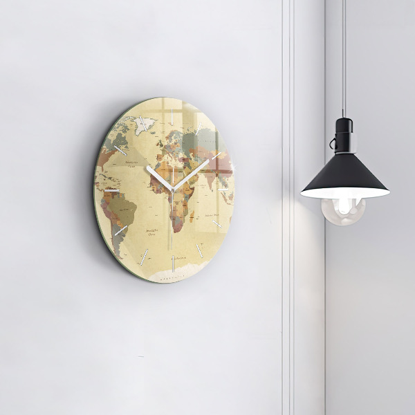 Kulaté skleněné hodiny s fotkou Mapa světa ve vintage stylu