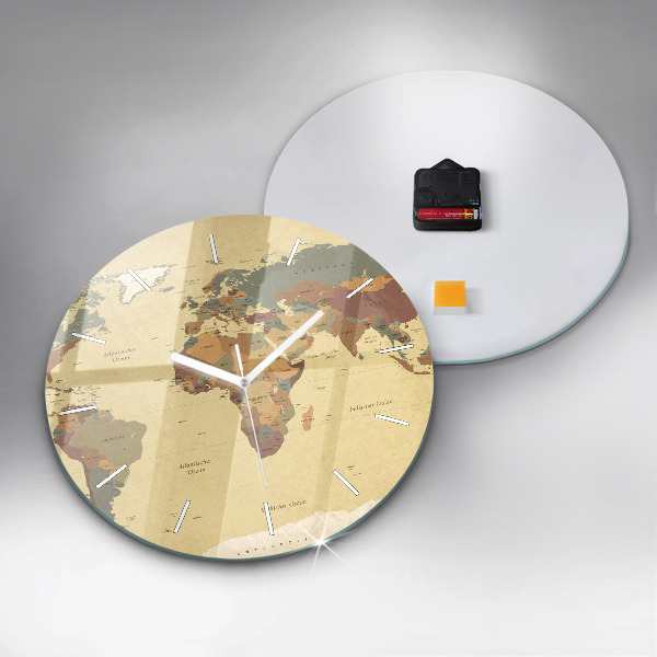 Kulaté skleněné hodiny s fotkou Mapa světa ve vintage stylu